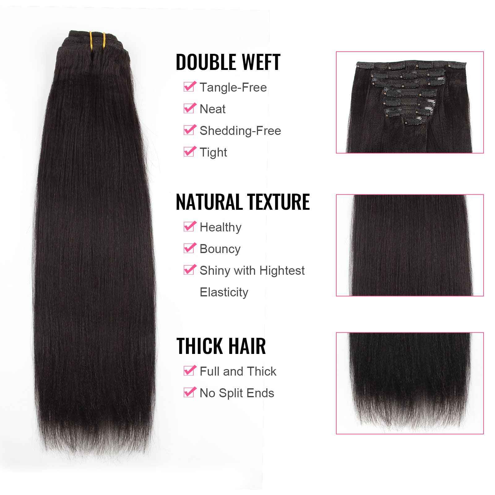 ABH AmazingBeauty Hair Yaki Straight Clip Ins Human Hair Extensions for Black Women Natural Black Light Yaki Clip ins 7 Pieces 120 Gram Per Set, 12 Inch