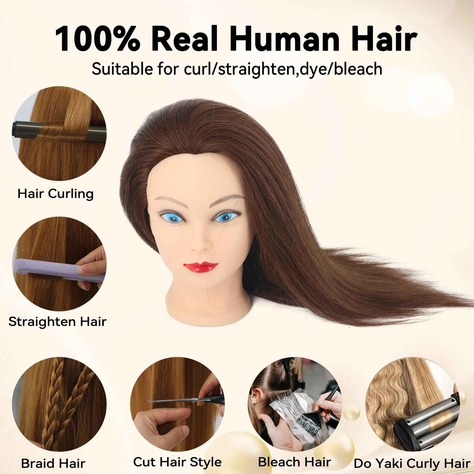 Mannequin Head with 100% Human Hair for Hairstyling Practice, Realistic Makeup Head with Clamp for Beauty Salon Cosmetology Students, Display Styling Head (Brown)