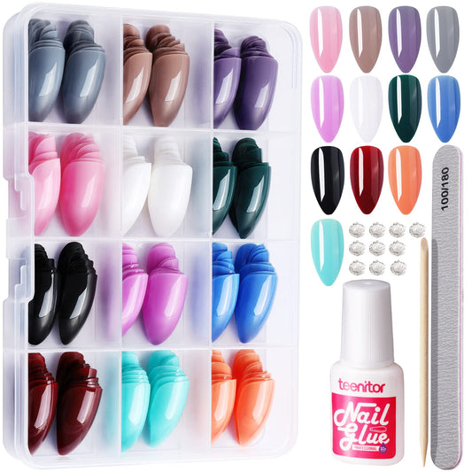 Teenitor Almond Press On Nails Medium Almond Glossy Press On Almond Fake Nails, 288Pcs Almond Shape Press On Nails With Glue,12 Color Almond Glue On Nails