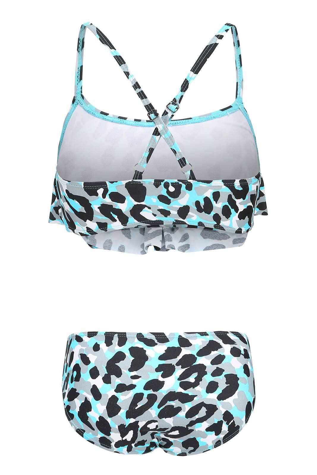 Girls Two Piece Swimsuits Bikini Bathing Suit Hawaiian Ruffle Swimwear Set for Kids Blue Leopard Size 12/10-12