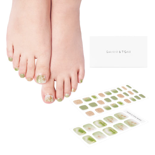 DANNI & TONI Semi Cured Gel Toenail Strips Green Ombre(Enchanted Forest) Gold Glitters Gel Toenail Stickers Toenail Polish Strips 37 Stickers