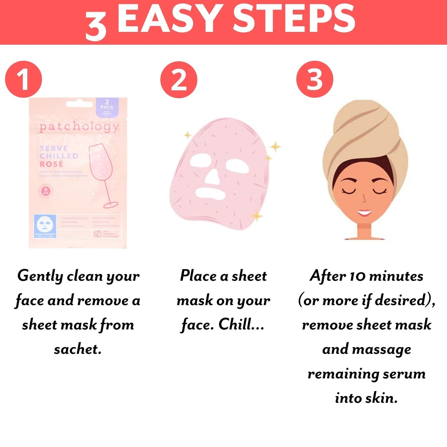 Patchology Serve Chilled Rosé Facial Sheet Mask - Hydrating Skin Care Treatment, Soothing Face Mask with Hyaluronic Acid, Skin Care Mask for Glowing Skin, Self Care Spa Treatment - 2 Pair