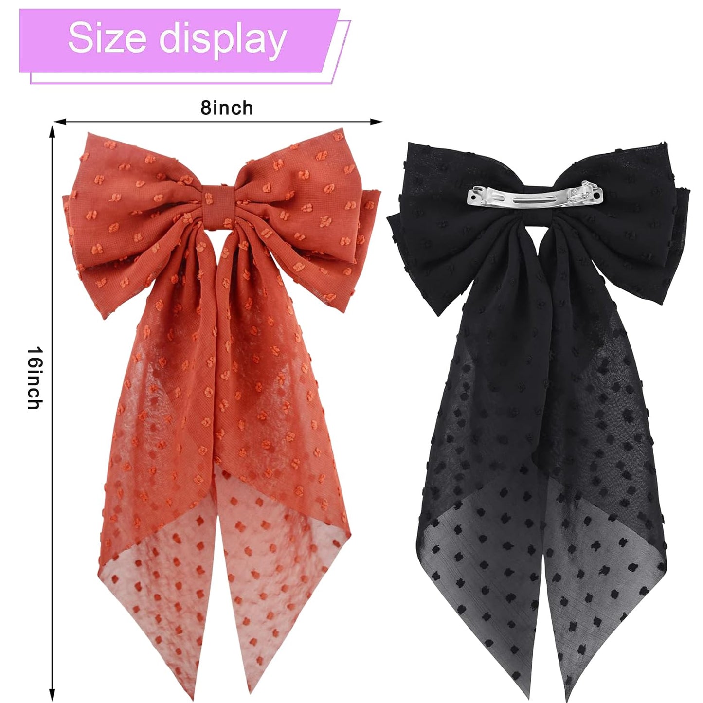 2PCS Large Hair Bows Ribbon Hair Clips, Double Layers Big Bow Hair Clip With Long Tail Ribbon Bowknot Hair Barrettes, Ponytail Holder Hair Accessories for Women Girls (Red-Orange)