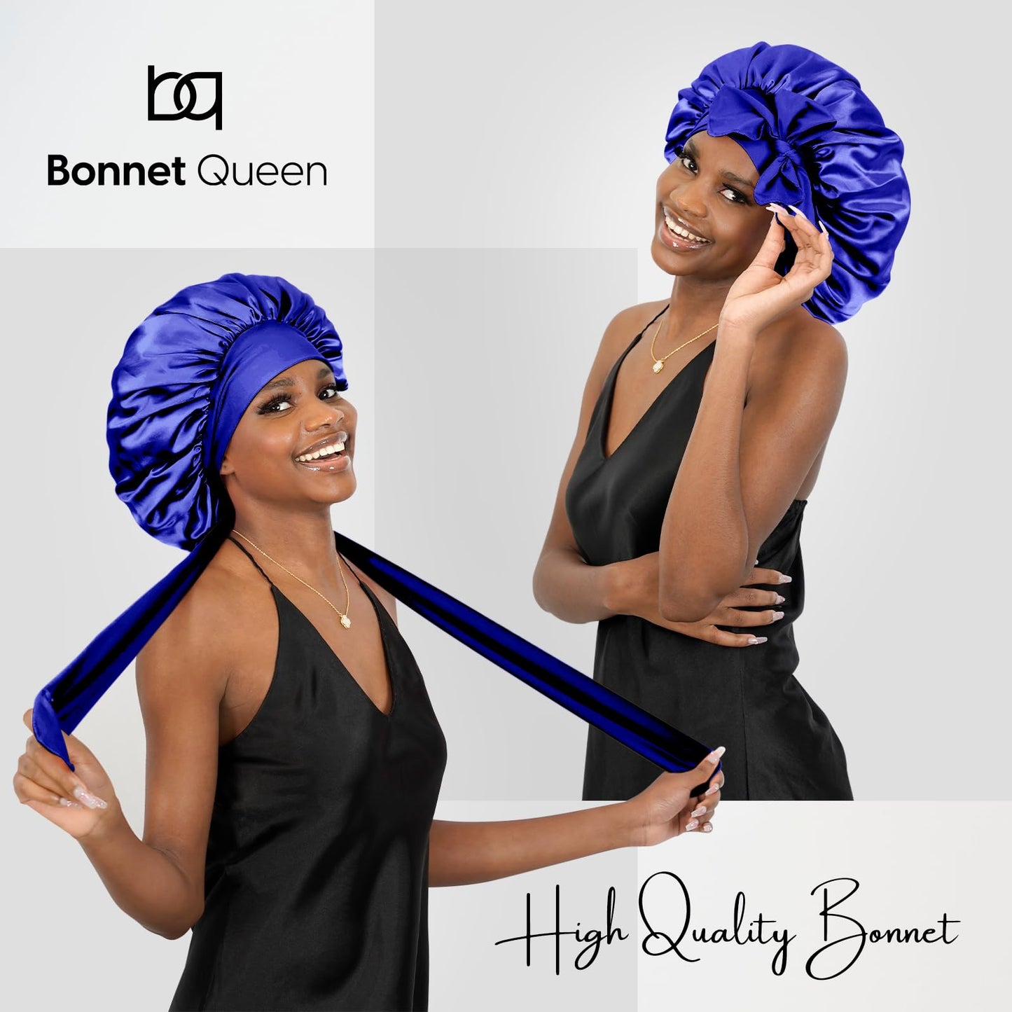 BONNET QUEEN Silk Bonnet for Sleeping Women Satin Bonnet Hair Bonnet Night Sleep Cap for Curly Hair with tie Band Navy Blue