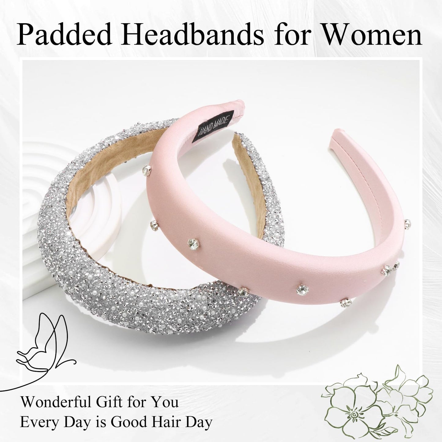 FULZTEY Rhinestone Padded Headbands Sliver Diamond Head Band Hoop No Teeth Pink Thick Beaded Headband Bling Crystal Hairband Fashion Pearl Hair Bands for Women's Hair Accessories 2 Pcs