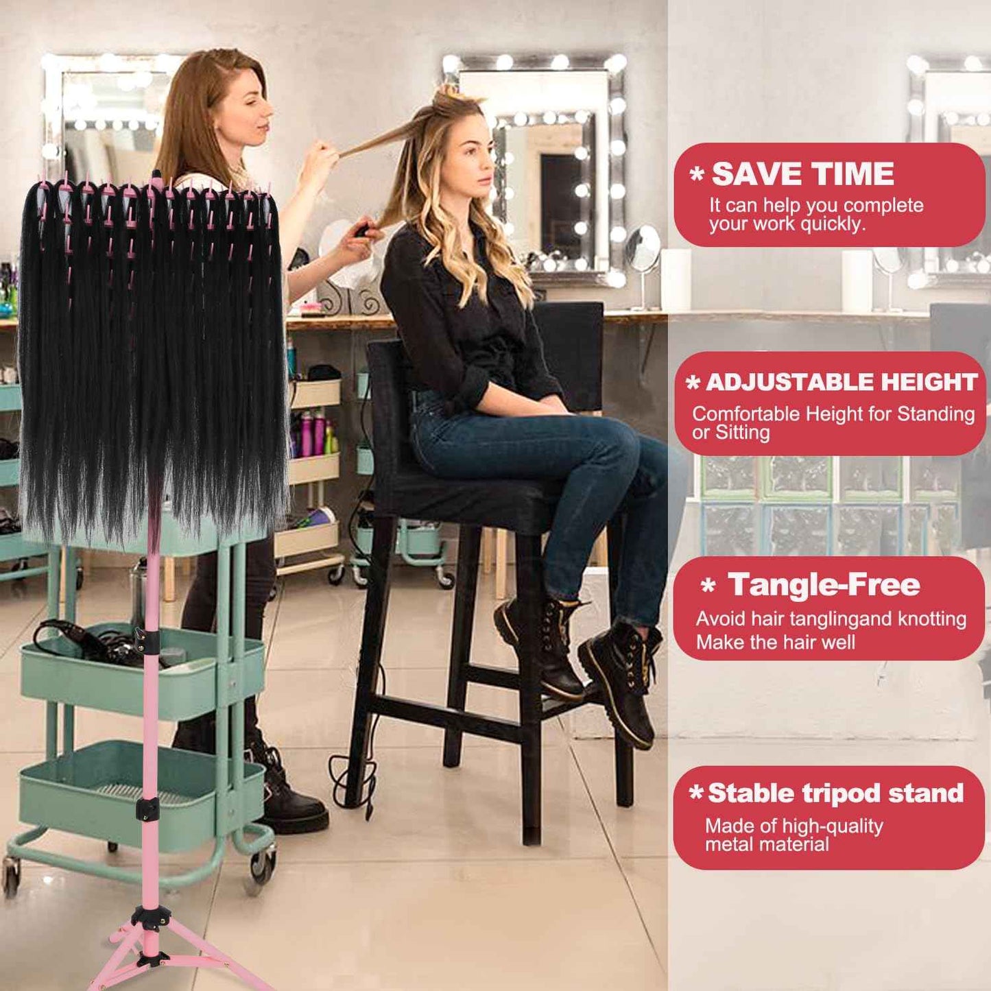 poipoilu Height Adjustable Braiding Hair Rack 168 pegs, Dual-use Braid rack with Clamp (Pink)