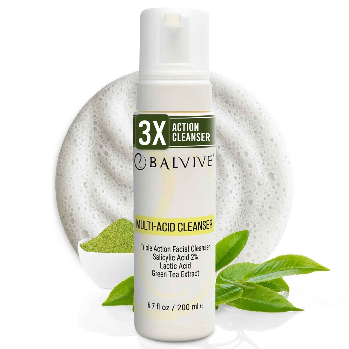 BALVIVE Foaming Facial Cleanser with Salicylic Acid, Glycolic Acid & Lactic Acid & Green Tea Extract– Face Wash for Acne, Oily & Sensitive Skin – Makeup Remover & Pore-Cleansing Skincare 6.7 fl oz