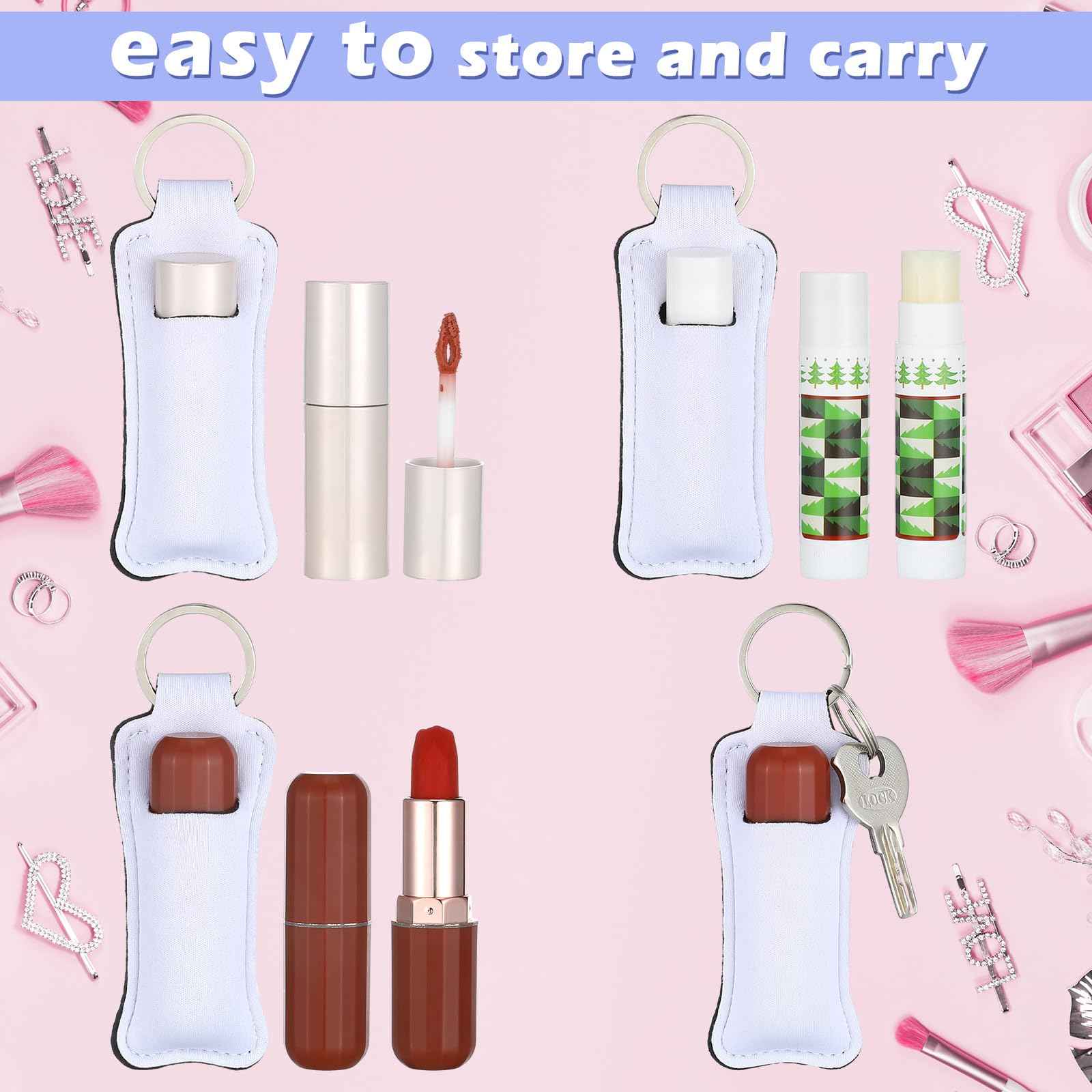 Ferreve 100 Pcs Sublimation Lipstick Holder Keychain Bulk Blank Lipstick Balm Gloss Holder Neoprene Blanks Portable Protective Cases for Women DIY Key Ring Travel Supplies