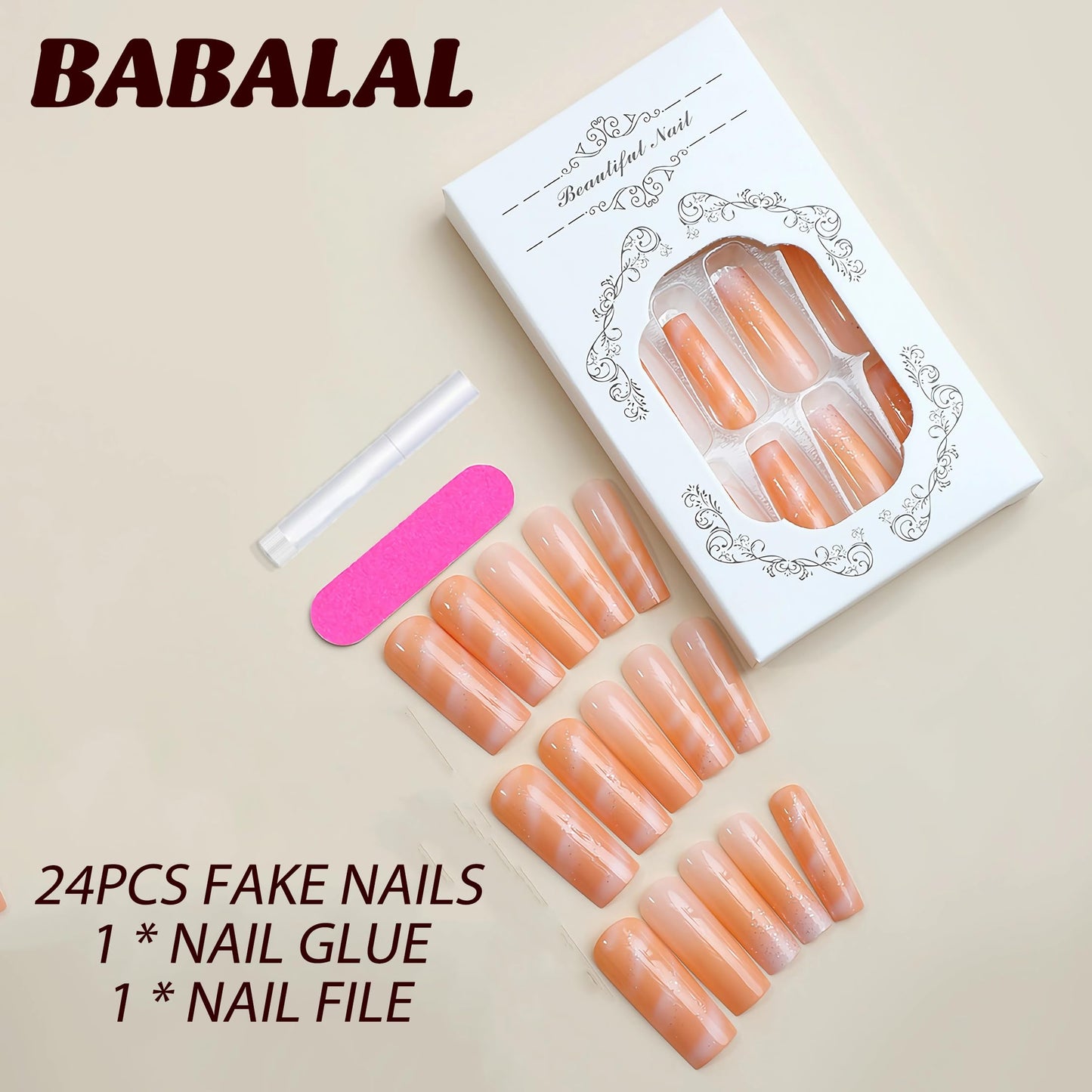 BABALAL Square Press on Nails Long Fake Nails Summer Orange Ombre Glue on Nails Glitter Shiny Acrylic Nails 24Pcs Squoval Stick on False Nails for Women and Girls