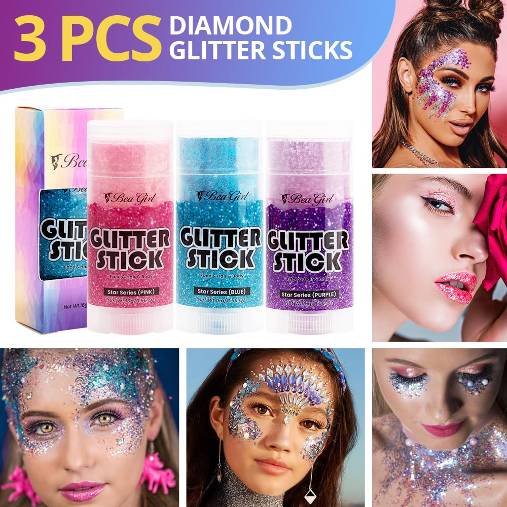 Beagirl Body Glitter Stick Set, Rainbow Face Glitter, Festival Glitter, Cosmetic Glitter - Chunky Glitter for Face, Lips, Eyes, Hair, Party – 3pc Pink Star Glitter, Blue Glitter, Sequin Purple Glitter