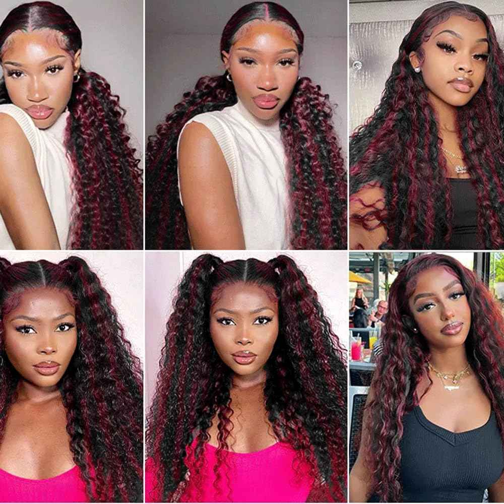 8 8 8 Inch P1B99J Bundles Highlight Deep Wave Human Hair Bundle Burgundy Hair Weave Two Tone Black Mixed With 99J Red Bundles Highlight Deep Curly Bundle
