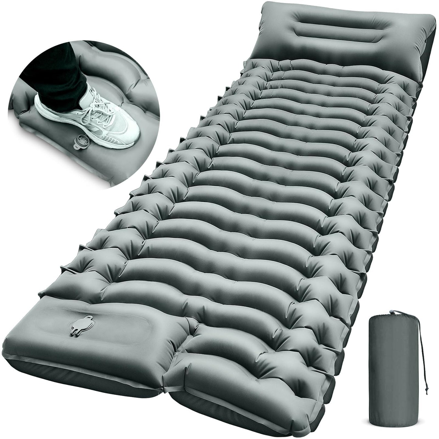 Camping Sleeping Pad, Ultralight Camping Pad with Pillow, Built-in Foot Pump Inflatable Sleeping Pad, Compact Size for Camping, Backpacking, Hiking - Gray