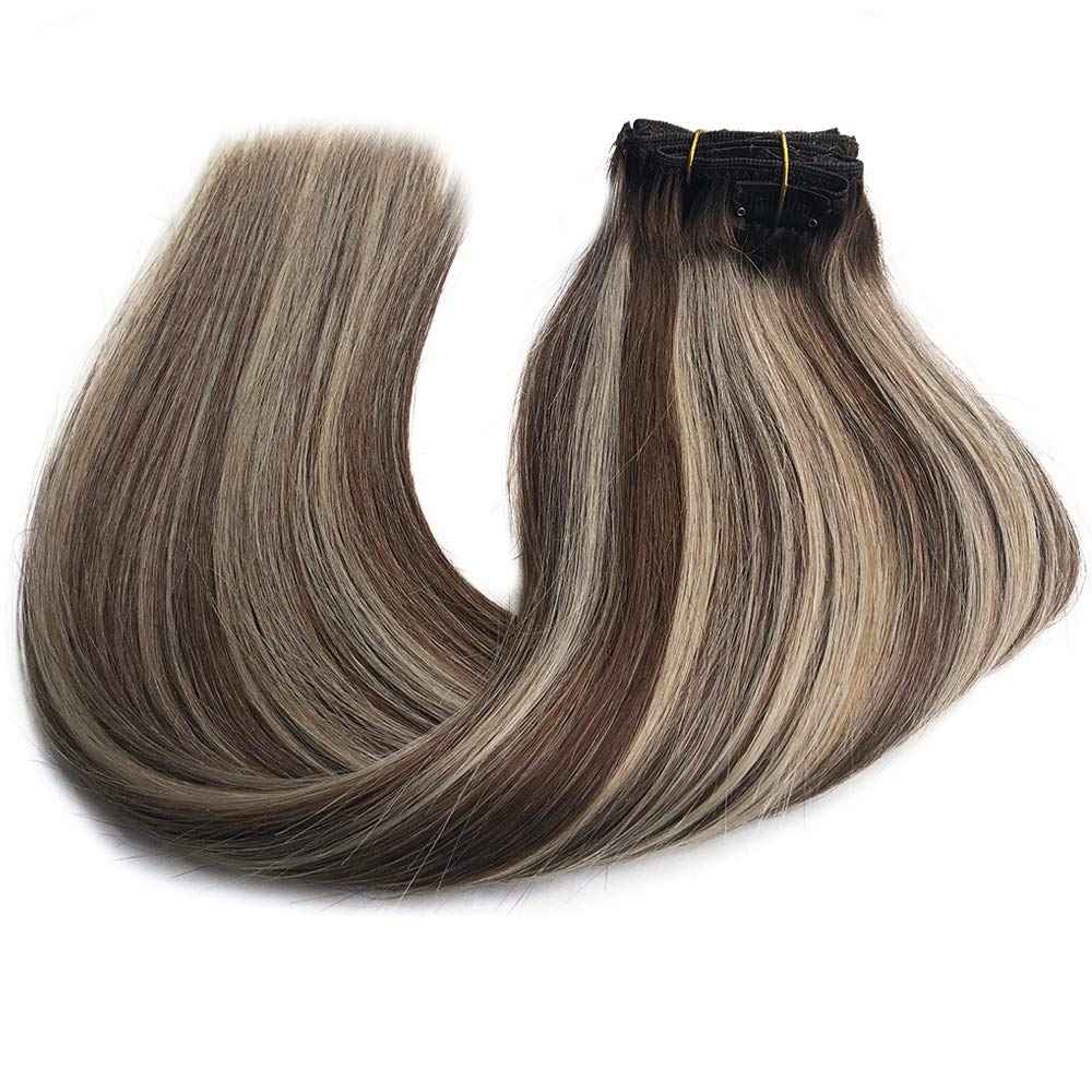 Clip in Hair Extensions18Inch Full Head 100% Brazilian Remy Human Hair Ombre Colored #2 Dark Brown and #6 Light Brown Fading to #60 Platinum Blonde Soft Silky Straight for Women 8Pcs 20clips 140g