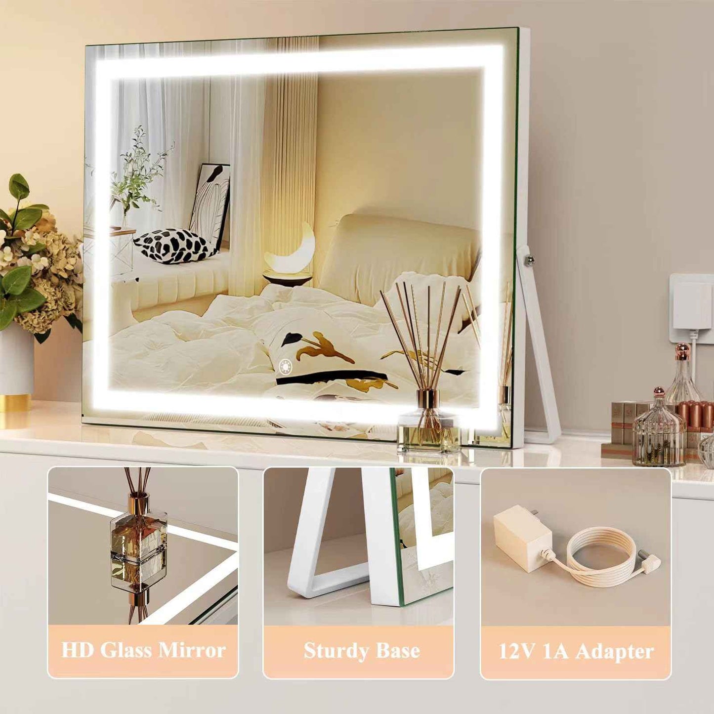 Gvnkvn Vanity Mirror with Lights, 15"× 11" LED Makeup Mirror, Lighted Makeup Mirror with Lights, Smart Touch Control Dimmable 3 Modes Light 360°Rotation White