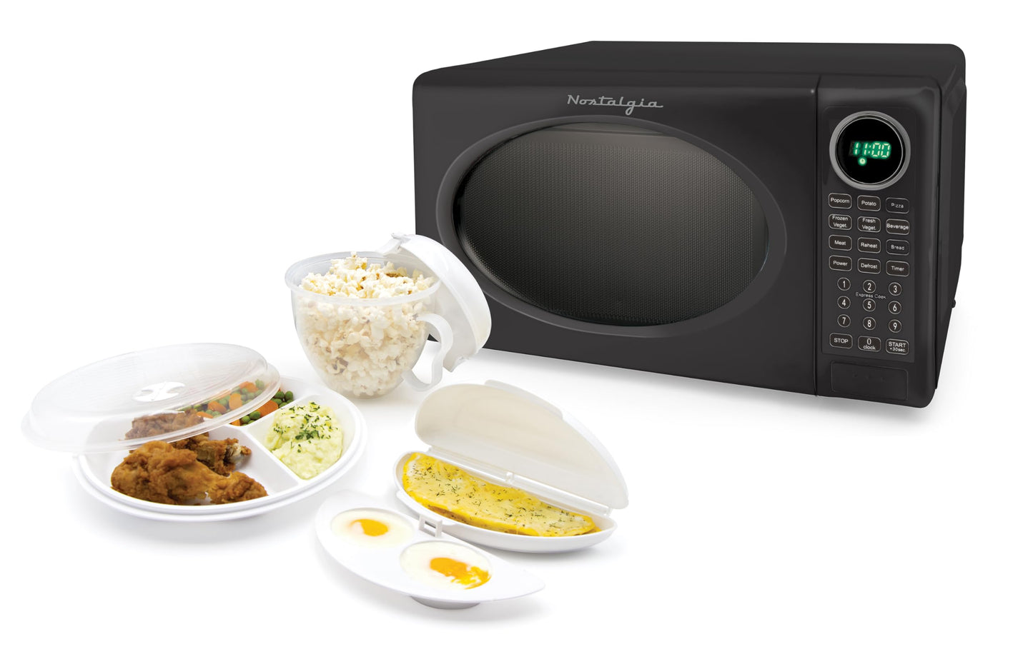 Nostalgia Modern Retro Countertop Microwave Oven - 700-Watt - 0.7 cu ft - Retro Microwave and Accessory Bundle with Popcorn Popper, Egg Poacher / Omelet Cooker, and Divided Plate with Cover - Black