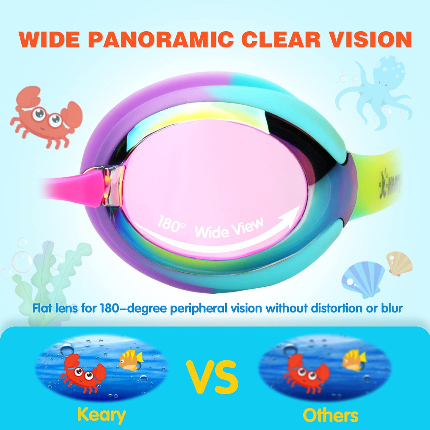 Kids Swim Goggles Swimming Goggles for Toddler Children Girls Boys Youth, Anti-Fog Waterproof UV Protection Clear Vision Mirror Flat Lens Water Pool Goggles with 3 Nose Piece, Rainbow Kids Goggles