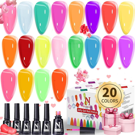 noirwhite Jelly Gel Polish, 20 Colors Trendy Neon Jelly Gel Nail Polish Kit Glossy Crystal Transparent Gel Polish Nude Pink Purple Green Blue Yellow Red Colors Jelly Nail Polish Set Soak Off UV LED