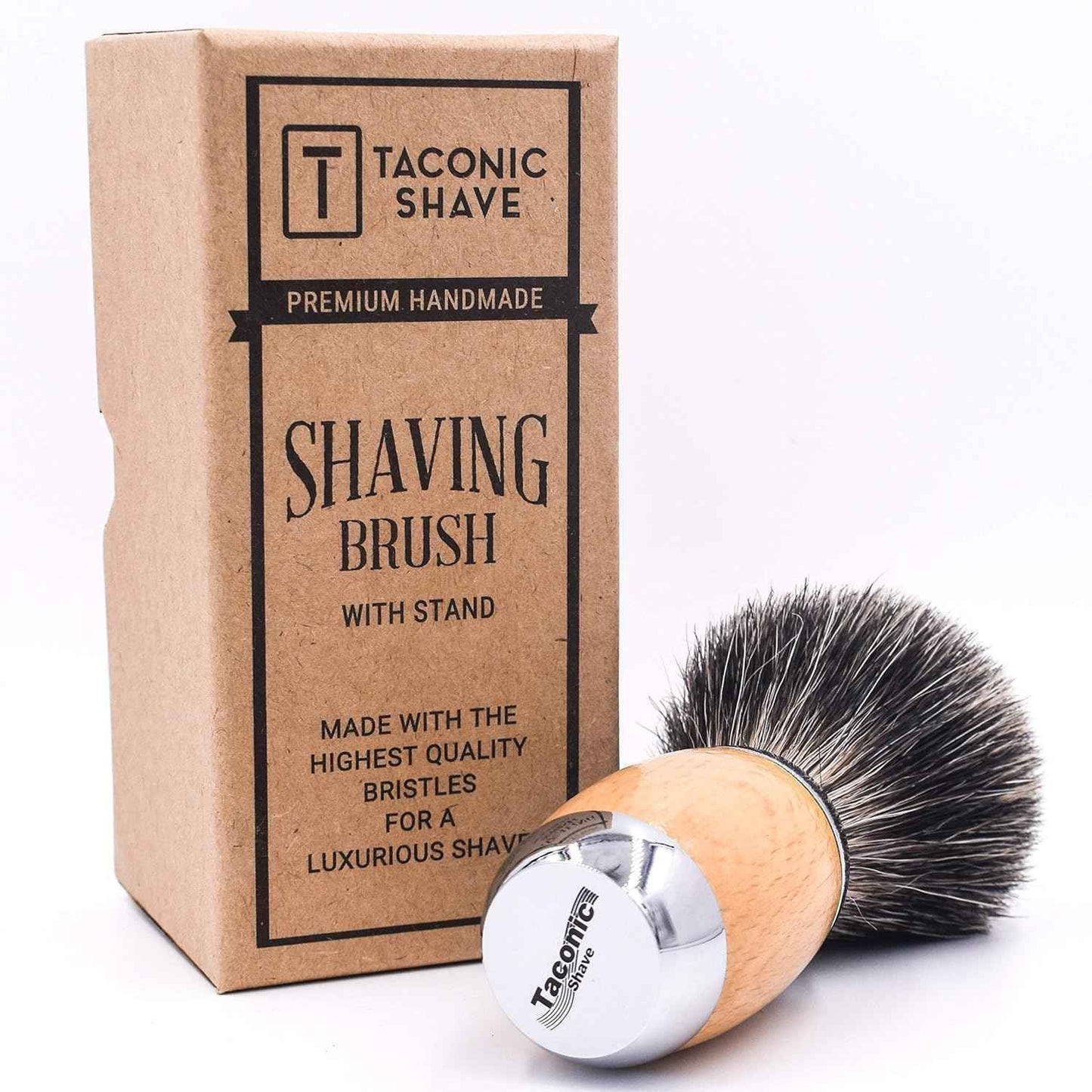 Taconic Shave 100% Mixed Badger Shaving Brush – Extra-Dense 22 mm Knot for Rich Lather, Beechwood & Chrome Ergonomic Handle + Lucite Stand Included