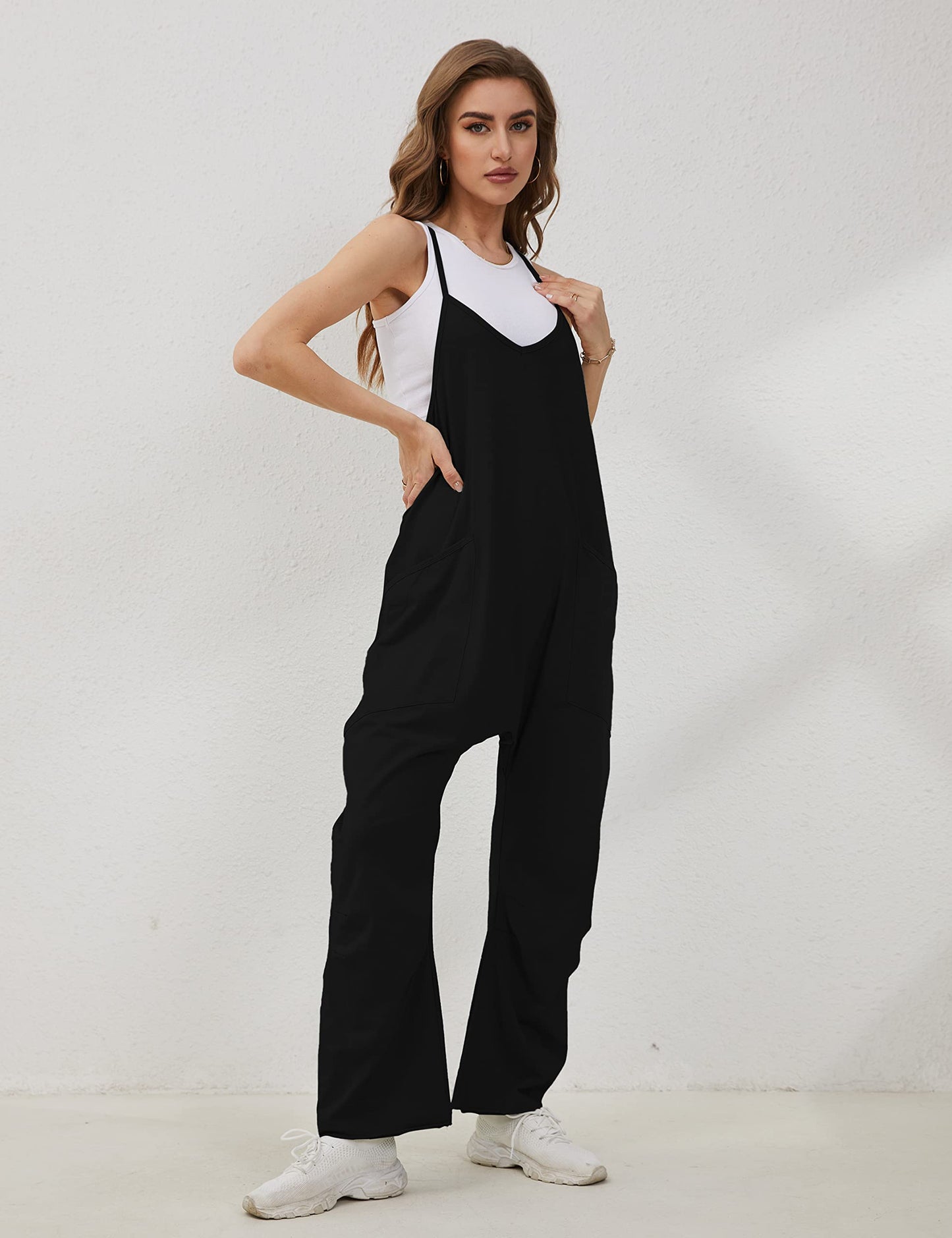 Lentta Women's Causal Jumpsuits V Neck Sleeveless Harem Overalls Stretchy Adjustable Strap Romper with Pockets(Black-S)