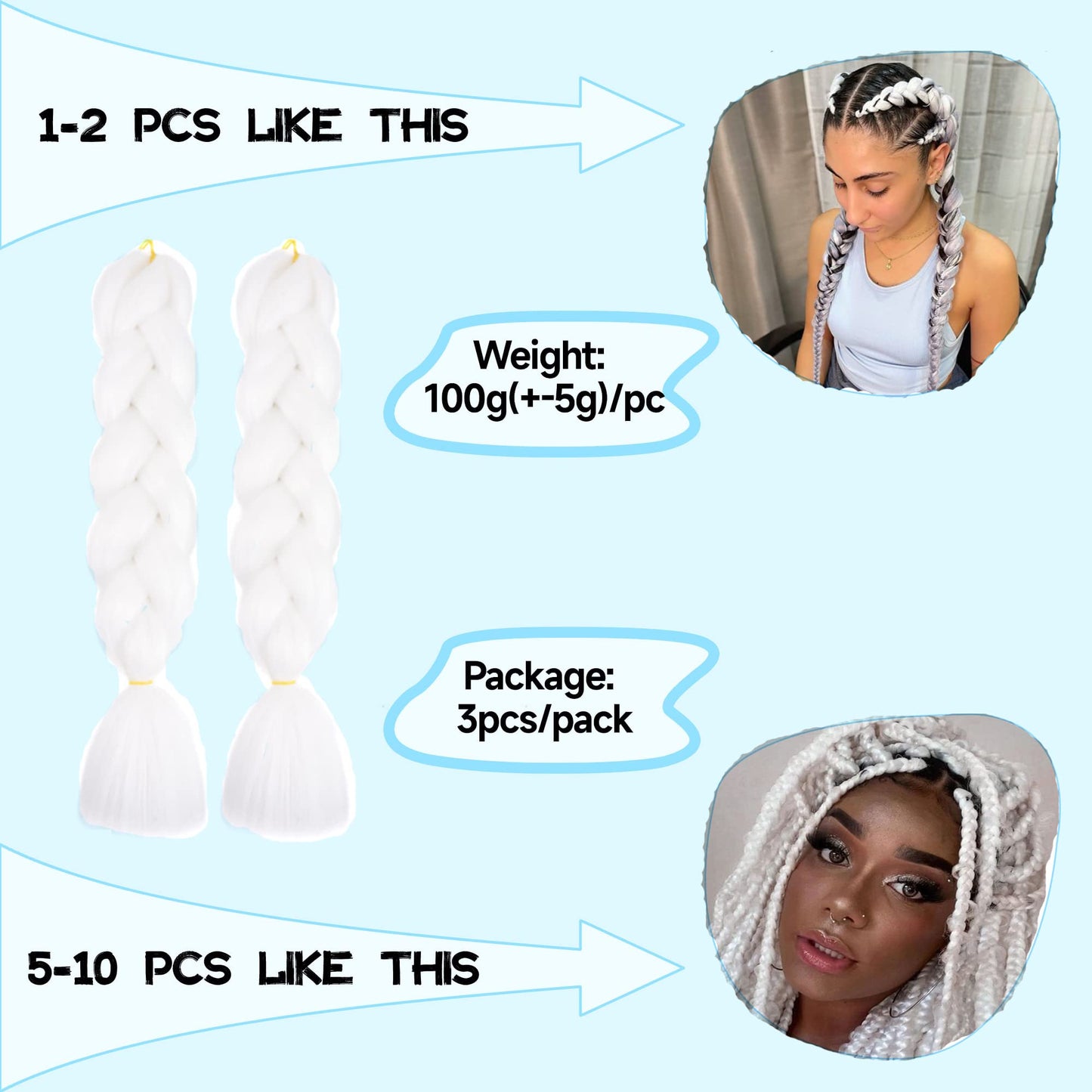 Jumbo Braiding Hair For Women and Girls 24 Inch Soft Braid Hair Extensions 3Packs Braiding Hair High Temperature Synthetic Fiber (white)