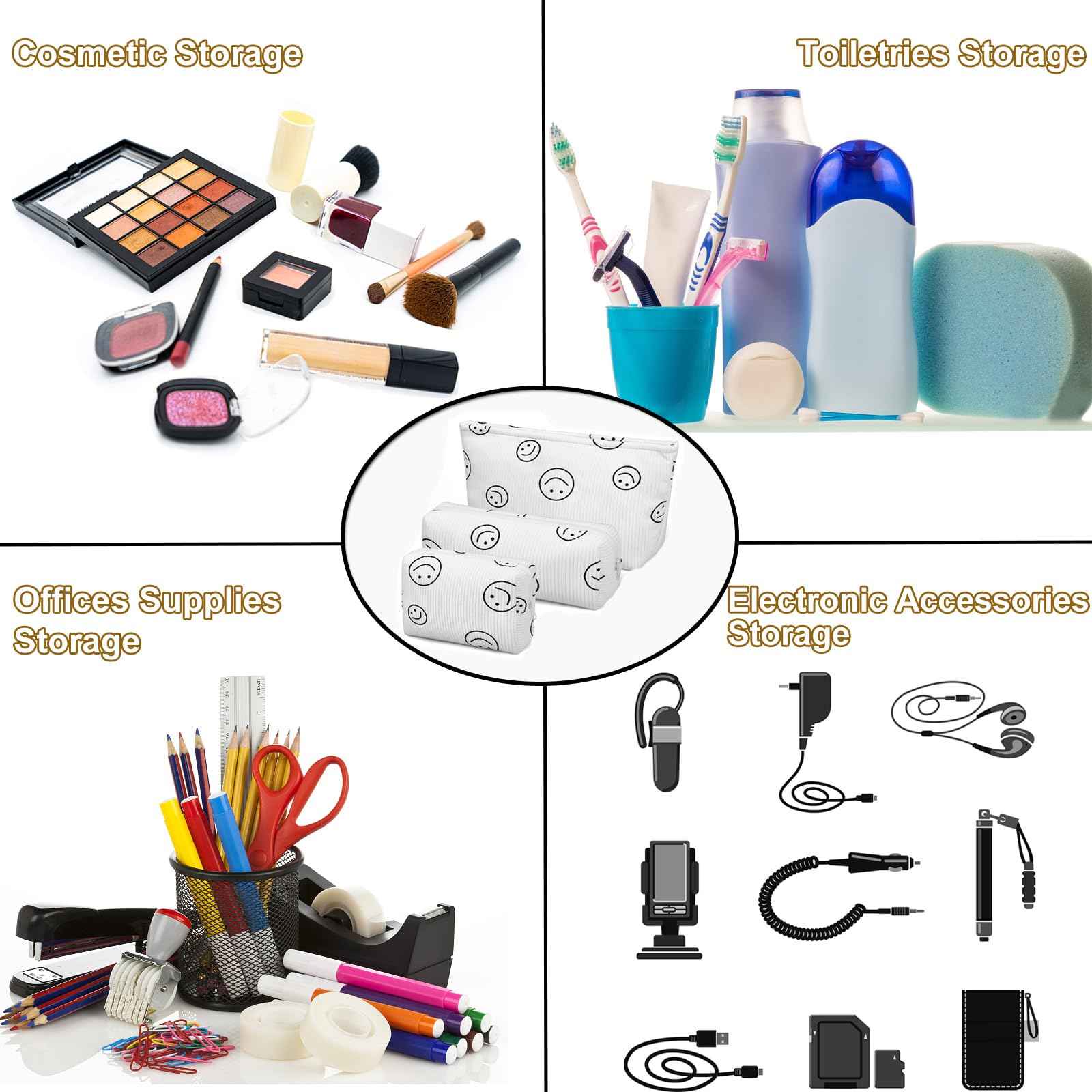 SANYETS 3 Pieces MakeUp Bag Cosmetic Bag,Travel Makeup Bag Set,Cute Smiley Corduroy Make Up Purse with Zipper,Beige White Pencil Pouch,Small Makeup Pouch,Aesthetic Preppy Stuff