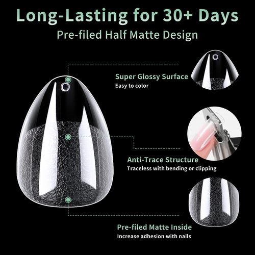 Extra Short Almond Nail Tips, 216pcs Acrylic Fake Nails Soft Gel X Nail Tips, Full Cover Pre-Shaped Matte Clear Press on Nails for Extension, Diy at Home Manicure 12 Sizes