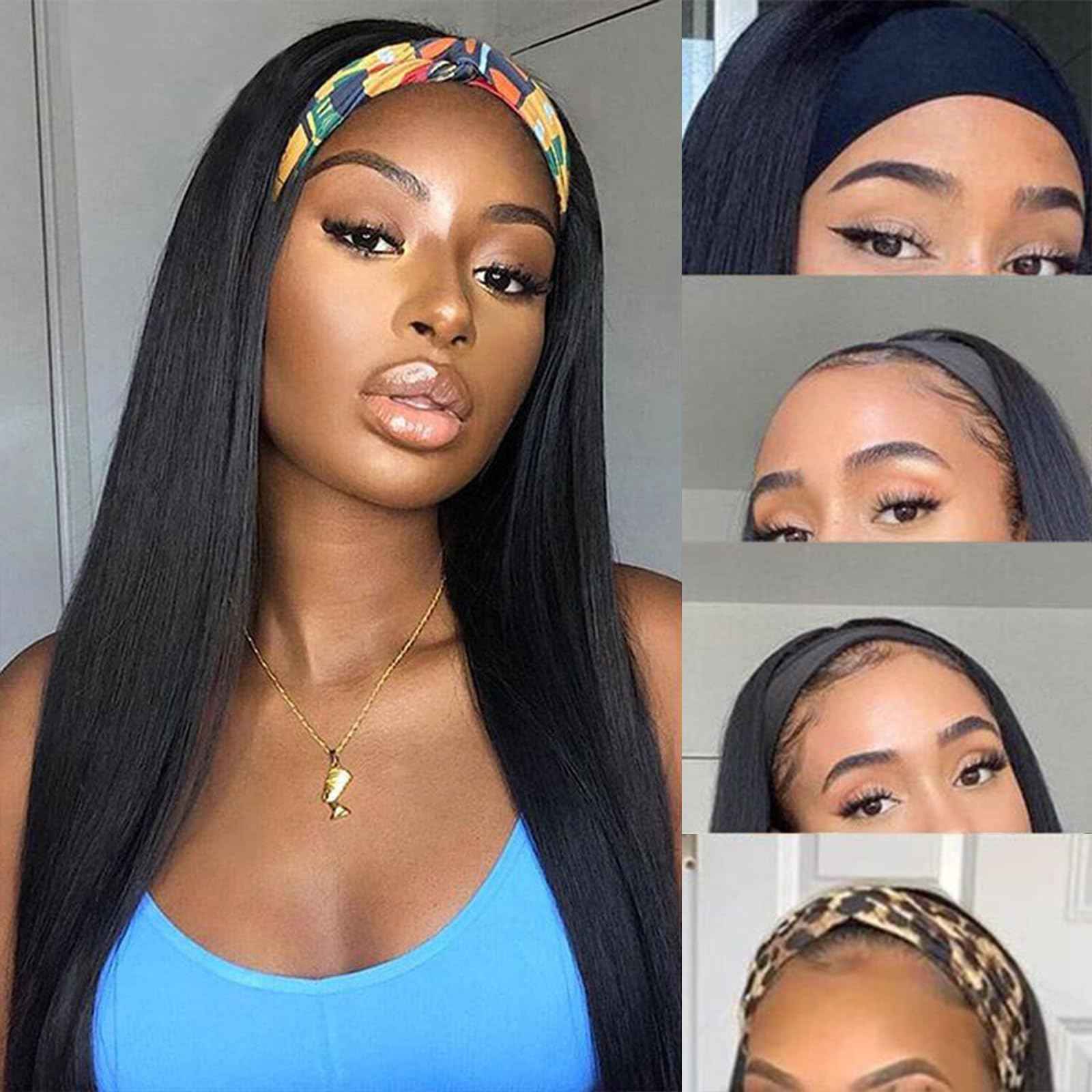 Headband Wig Human Hair Straight Virgin Brazilian Machine Made Wigs None Lace Front Wigs Glueless Human Hair Wig for Black Women 150% Density Natural Color 16 Inch