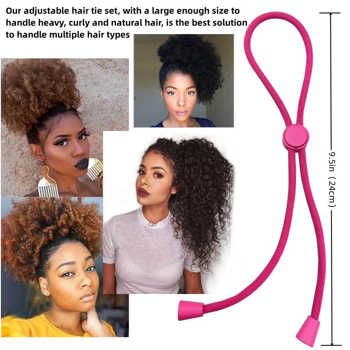 6 Pcs Adjustable Thick Hair Ties, Large Ponytail Holders for Natural Hair, Buns, Locs, Dreads, Curly & Afro Hair/Puffs - 3 Colors Hair Bracelet Bulk