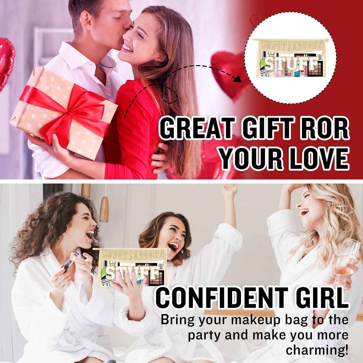 Boho Clear Makeup Letter Patch Makeup Bag STUFF Pouch, Clear Toiletry Bags Travel Small Cute Stadium Chenille Letter Cosmetic Zipper Pouch Purse, Waterproof Glitter Makeup Organizer for Women(STUFF)