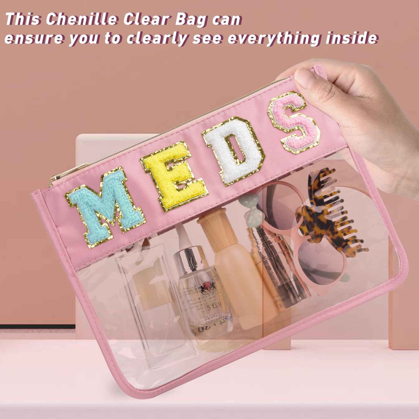 Chenille Snack Bags Letter Clear Snacks Pouch, Preppy Medicine Bag for Travel, Waterproof MEDS Makeup Cosmetic Bag Monogram Nylon and PVC Flat Stadium Purse with Zipper for Women/Girl (Pink MEDS)