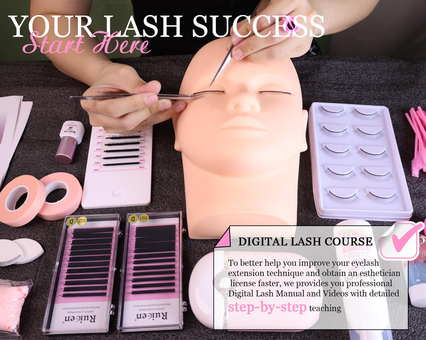 Lash Extension Kit for Beginners, Ruicen Lash Kit for Beginners with Video Tutorials and Lash Manual, Mannequin Head, Practice Lash Mapping Chart, and More Eyelash Extension Supplies Tools