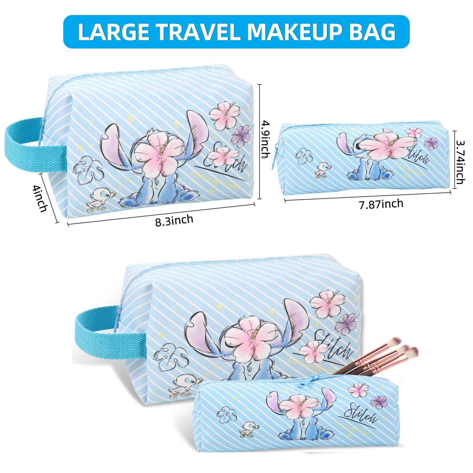 MOBRWUVS Travel Cosmetic Bag, Large Capacity Cartoon Cosmetic Pouch Makeup Bag with Zipper, Travel Toiletry Bag Makeup Accessories Organizer, The Best Gift for Women (Blue)