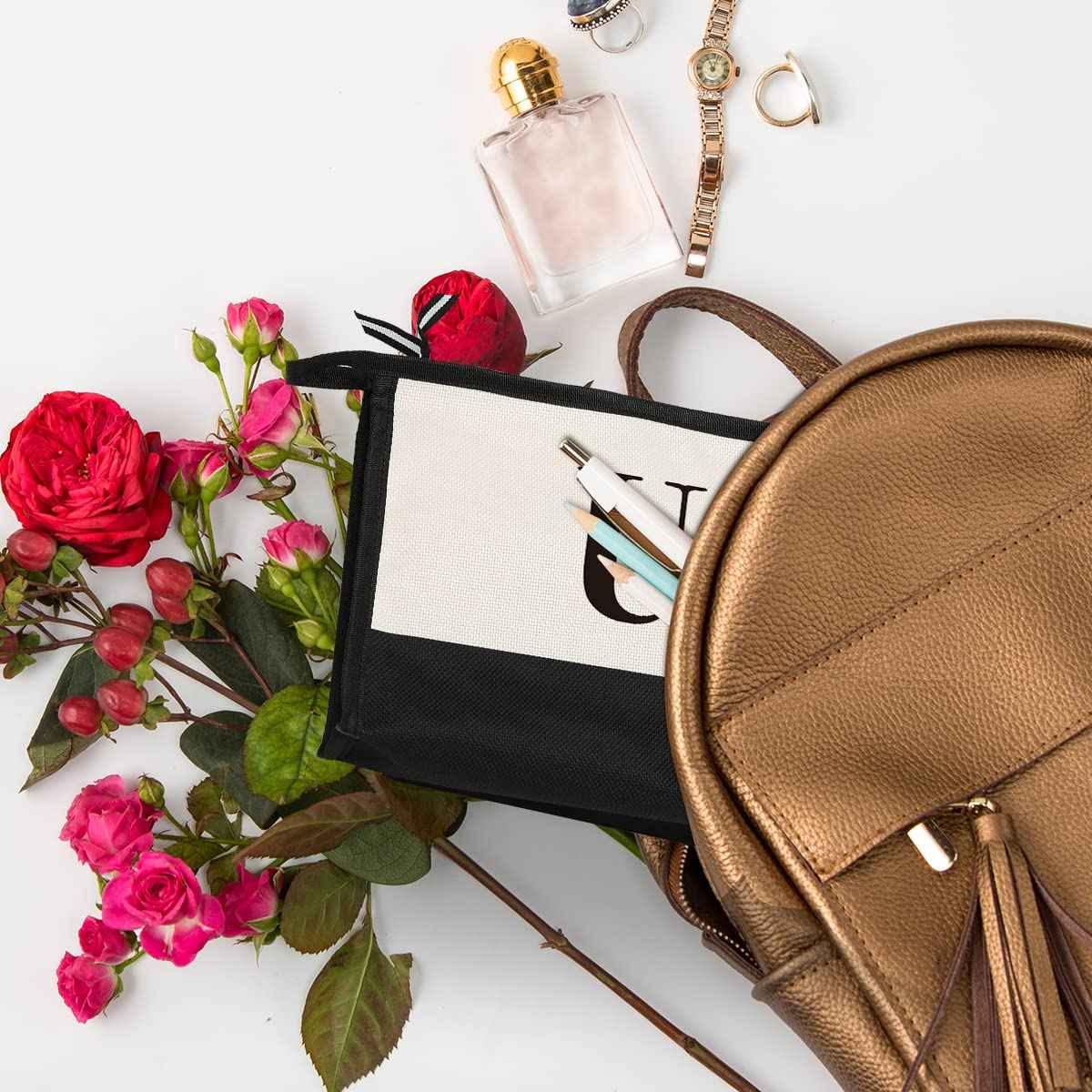 HODREU Monogrammed Cosmetic Bag, Women's Travel Makeup Bag, Personalized Initials, Black, 11" x 7" x 2.1"