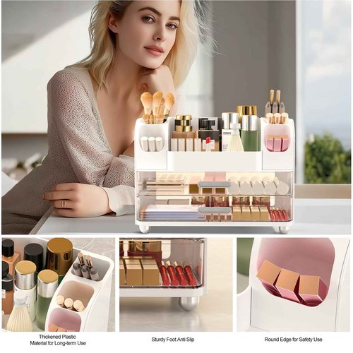 Ailleda Makeup Organizer Countertop with 2 Large Drawers, Vanity Organizer with Brush Holder, Skin Care Storage for Dresser, Perfume Organizer for Lotion, Lipsitck, Palette(White)