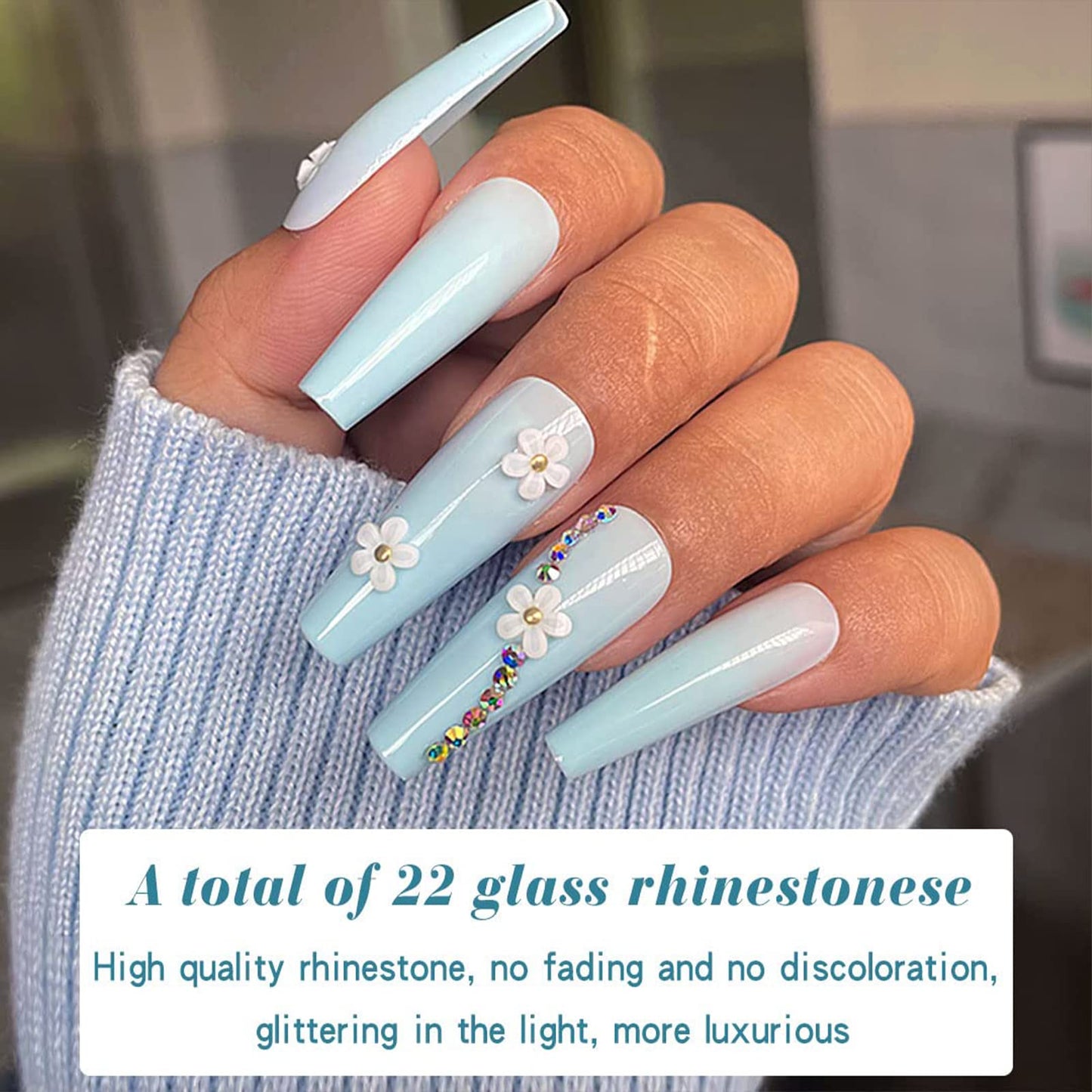 24Pcs Blue Press on Nails Short Leuhiove Matte Fake Nails with hologram Rhinestones Strobe Design Short False Nails with Glue on Nails Acrylic Nails Decoration Stick on Nails for Women Girls