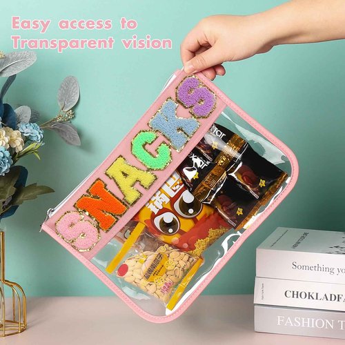 BCRMPT Chenille Letter Bag Clear Flat Pouch,Multi-purpose PVC&Nylon Clear Cosmetic Bags,Travel Makeup Bag With Zipper For Women,Clear Pouches for Travel,Gym,Beach (Pink-Snacks)