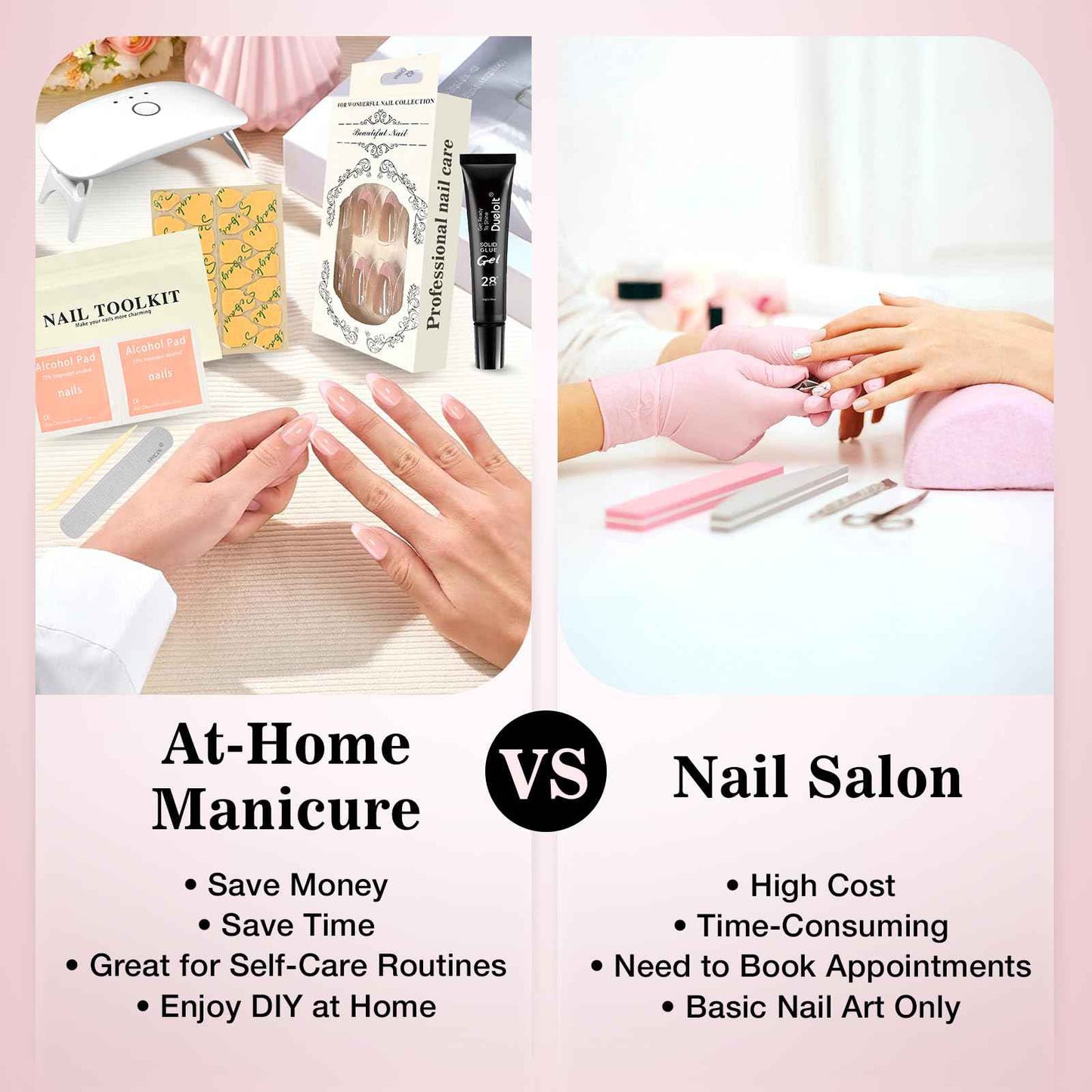 16-size Pink French Almond-Shaped Press-On Nails Kit with S Portable 12W LED Nail Lamp, and Tool Set—Ultimate Combo for Enhanced Durability and Longevity.