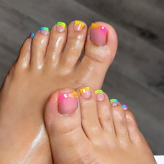 French Tip Press on Toenails Rainbow Colors Fake Toenails Short Square Glue on Toe Nails with Colorful Toe Nail Tips Designs Acrylic Toenails Iridescent Beach Summer Stick on Toenails for Women&Girls