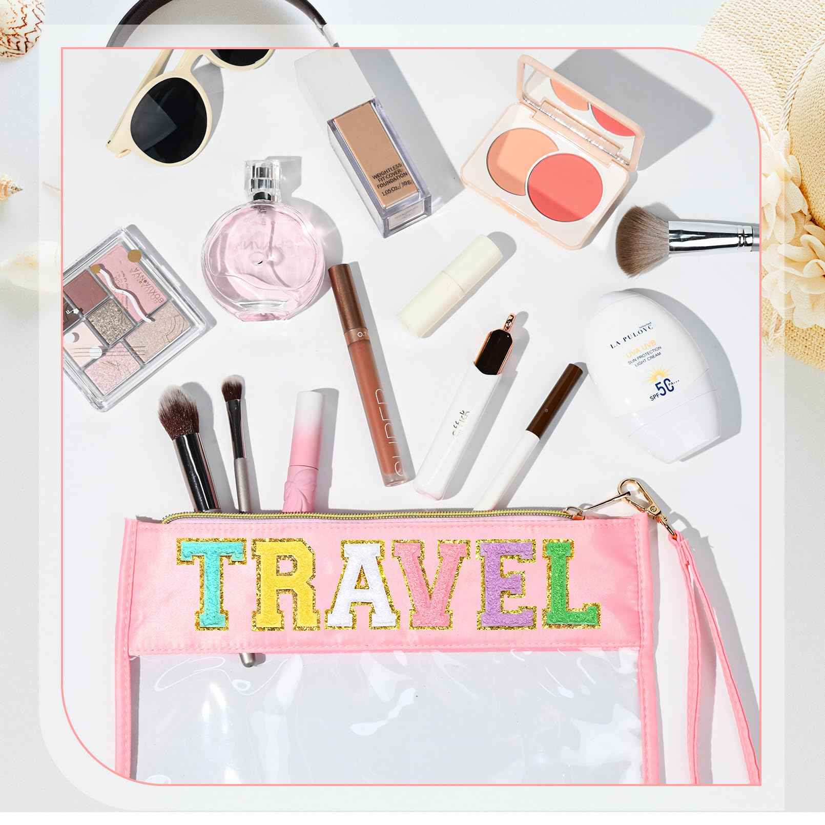 SOIDRAM Travel Makeup Bag Chenille Letter Patch Large Waterproof PVC Toiletry Bag Preppy Nylon Cosmetic Organizer for Women and Girls