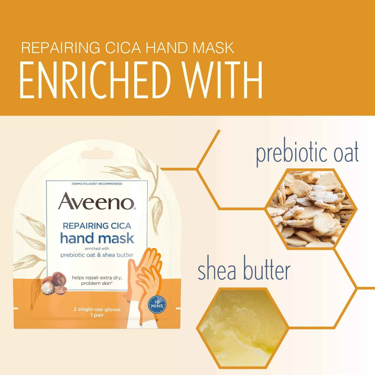Aveeno Repairing Cica Hand Mask With Prebiotic Oat and Shea Butter, 6 Count