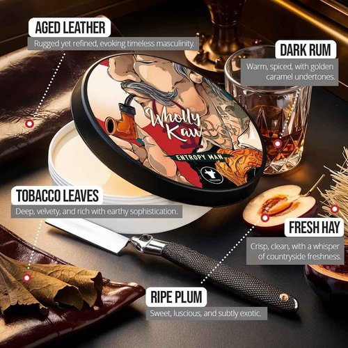 Entropy Man Tallow Shaving Soap. Enriched with Donkey Milk, Water Buffalo Milk, Whey Proteins, Omega 3, Omega 6, Hops Extract. Tobacco, Leather, Plum, Rum, Hay