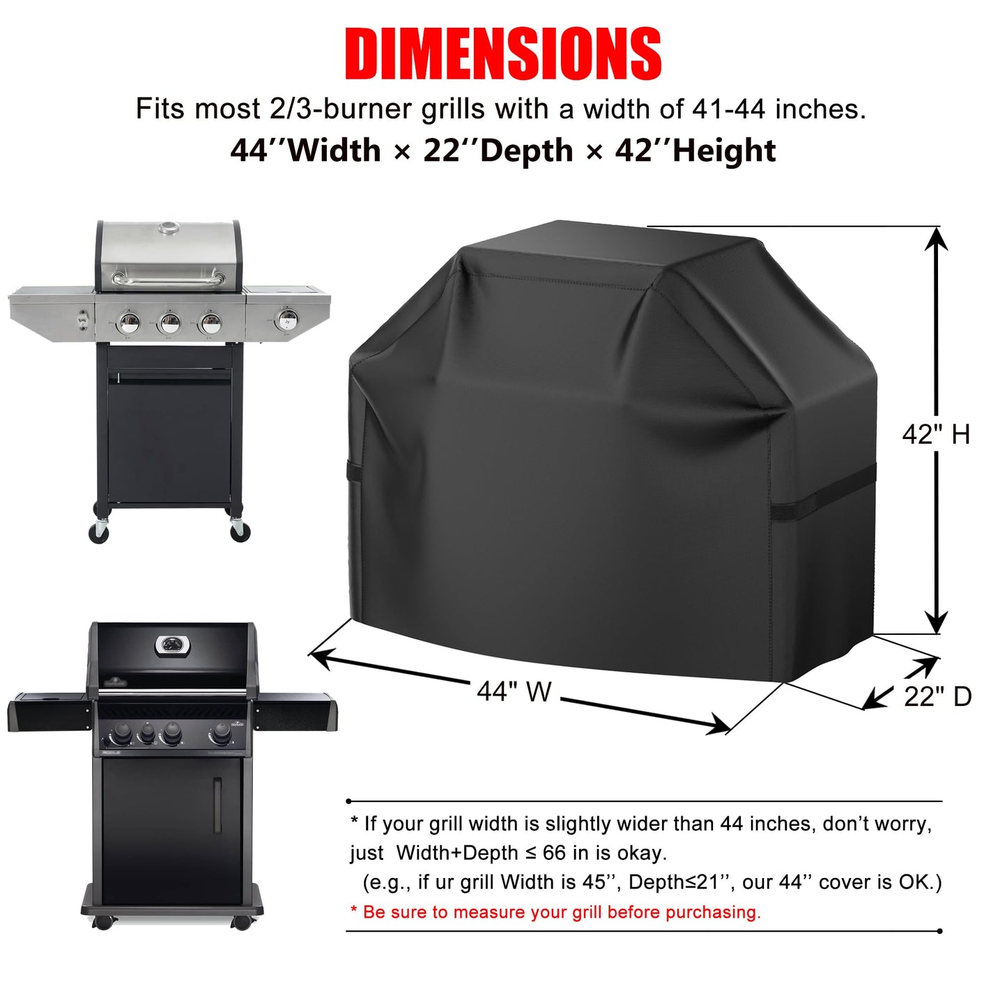 Grill Cover, 44 inch Heavy Duty BBQ Gas Grill Cover for Outdoor Grill, Waterproof, Weather Resistant, Anti-UV, Rip-Proof, Fade Resistant Barbecue Cover with Hook-and-Loop Straps for Most Grills