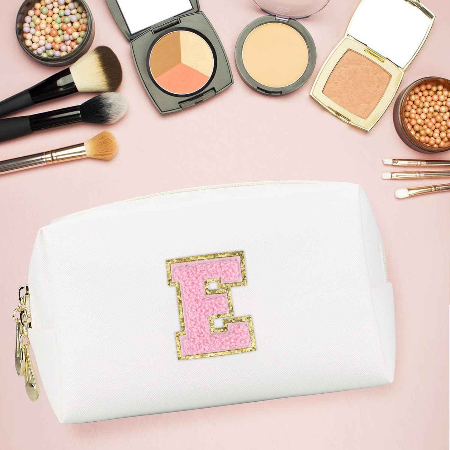 Gosuoa Initial Makeup Bag,Personalized preppy bag Waterproof PU Leather Chenille Letter Cosmetic Bag,Portable Travel Toiletry Bag Monogram Birthday Gift for Women Girls Mom Friends (Letter E)