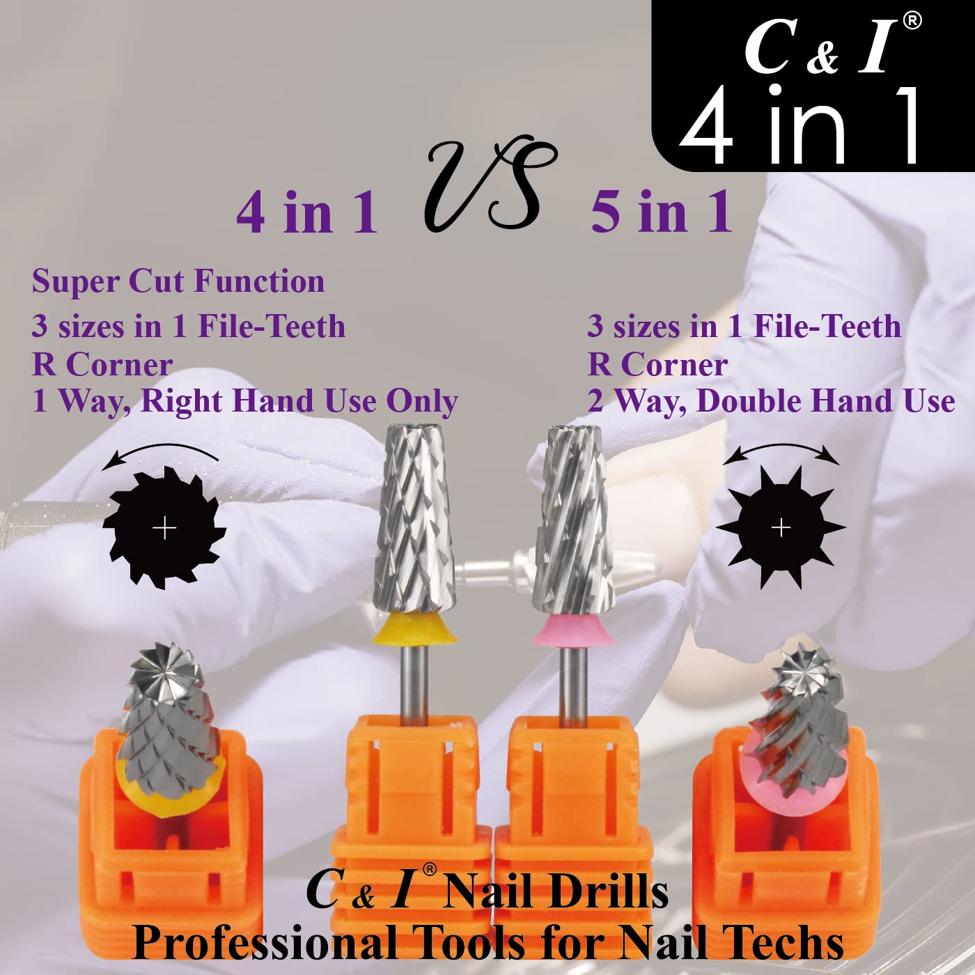 C & I Nail Drill Bit 4 in 1 Super Cut E-File, Multi-function plus Upgrade File-Teeth, Large Barrel & Cross Cut, for Manicure Drill Machine, Help Nail Tech to Remove Nail Works (Coarse-C)