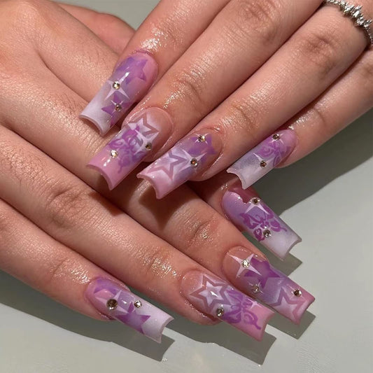 Long Coffin Press on Nails Purple Fake Nails Acrylic False Nails with Star Design Full Cover Stick on Nails Glossy Glue on Nails for Women 24 Pcs