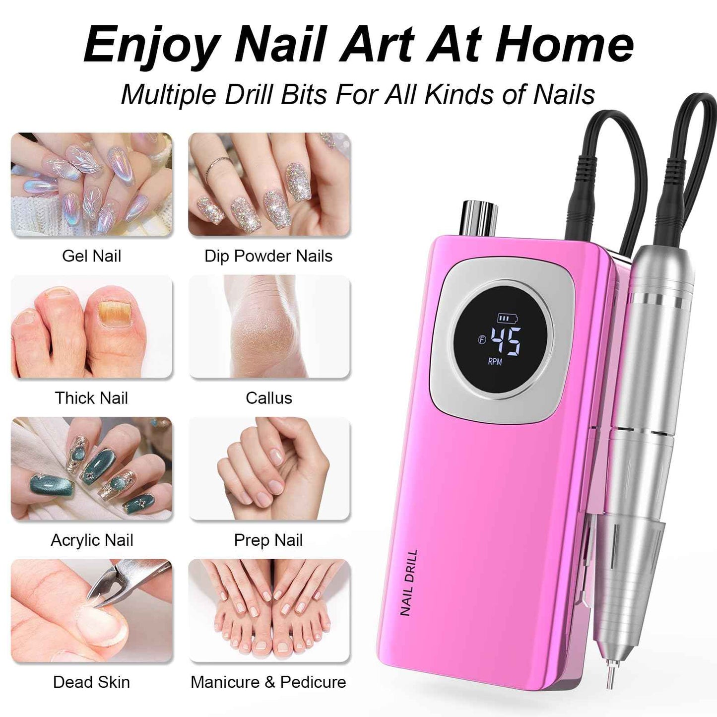Electric Nail Drill Professional: Rechargeable Nail File with Bits for Acrylic Gel Nails, Professional Nail Drill Manicure Pedicure Polishing Shape Tools for Home Salon