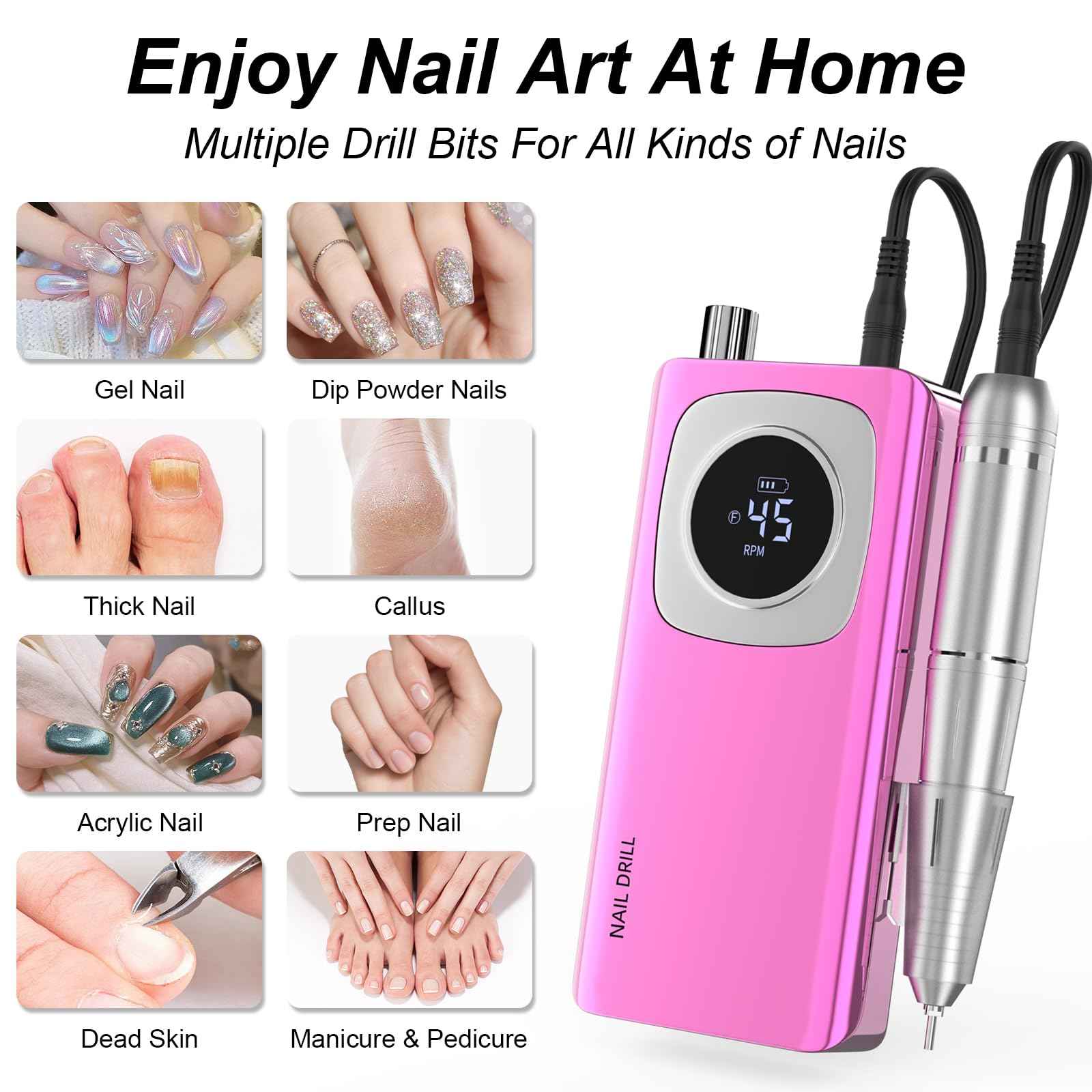 Electric Nail Drill Professional: Rechargeable Nail File with Bits for Acrylic Gel Nails, Professional Nail Drill Manicure Pedicure Polishing Shape Tools for Home Salon