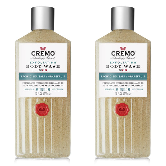 Cremo Exfoliating Pacific Sea Salt & Grapefruit Body Wash, A Refreshing Scent with Notes of Fresh Mint, Citron, Cedar and Moss, 16 Fl Oz (2-Pack)