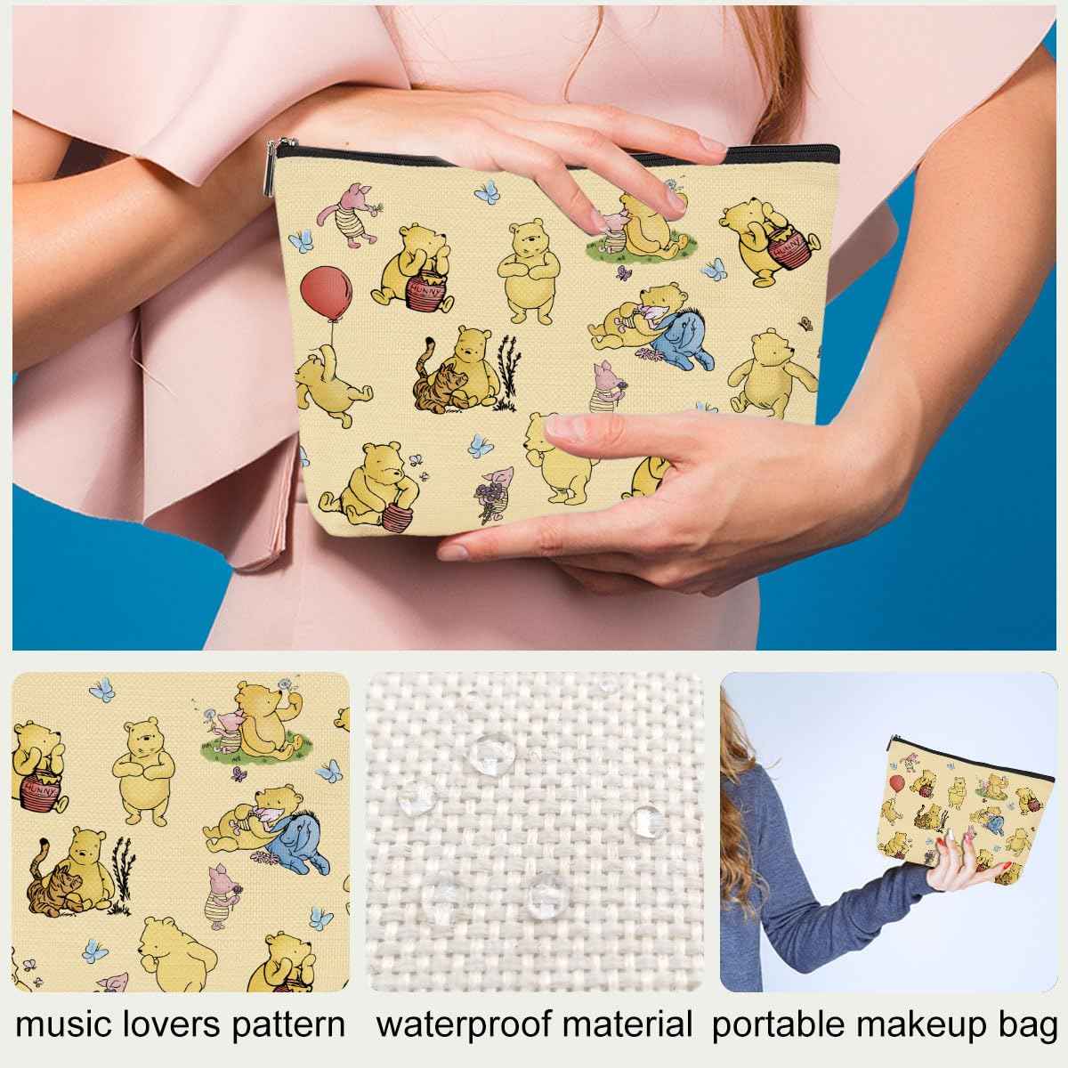 1Pcs Cute Winnie Decor Gift for Women, Classic Winnie Makeup Bags, the Pooh Make Up Pouch with Zipper, Yellow Travel Make Up Pouch, Perfect for Women Girls Birthday Gifts