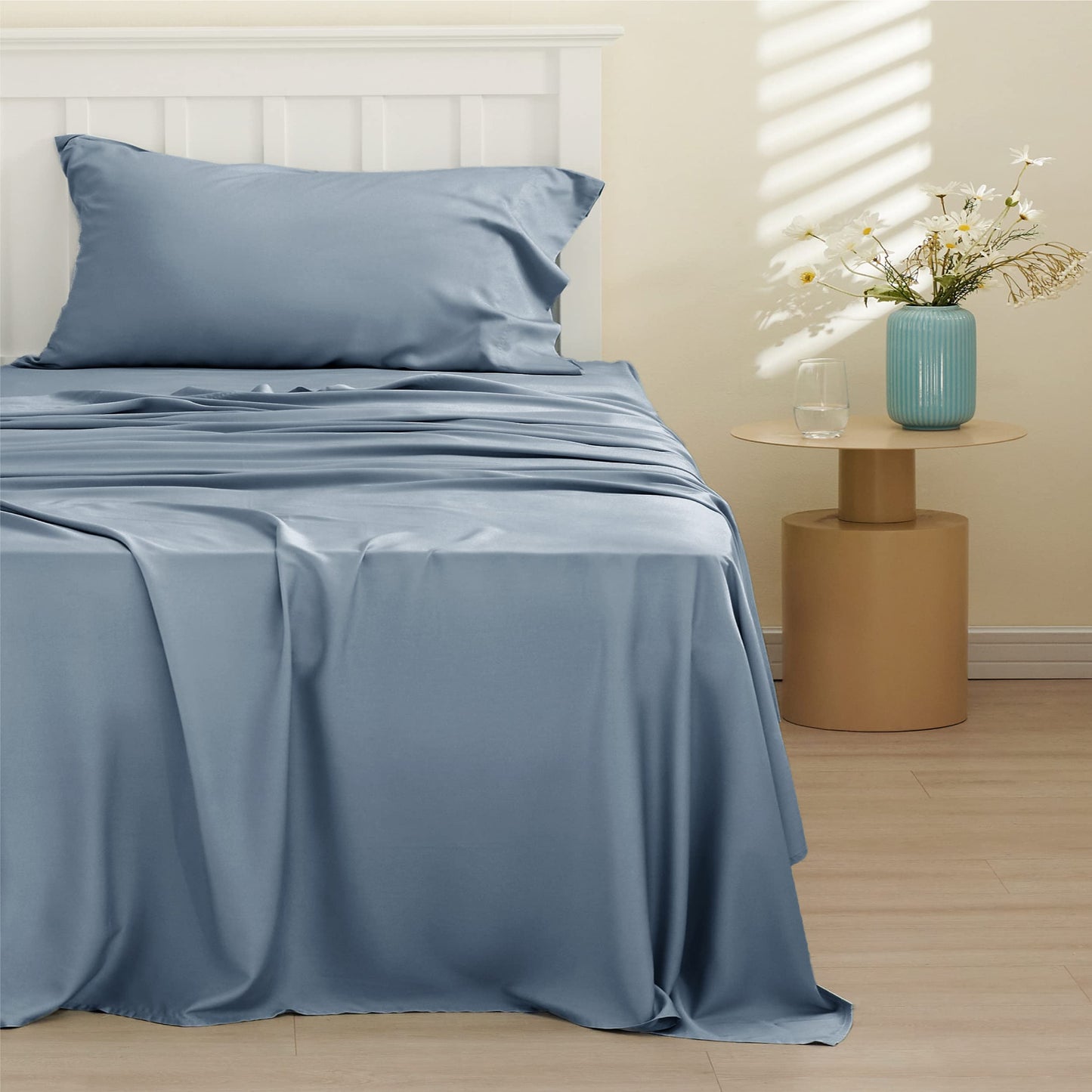 Bedsure Twin Sheets Set, Cooling Sheets Twin Size Bed Set, Rayon Derived from Bamboo, Twin Size Sheets, Breathable & Soft Bed Sheets, Hotel Luxury Silky Bedding Sheets & Pillowcases, Mineral Blue